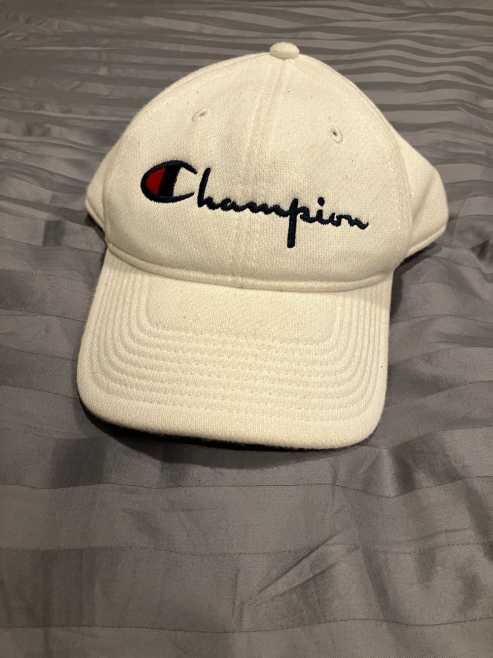 Champion White Baseball Cap with Black Script and Red Accent